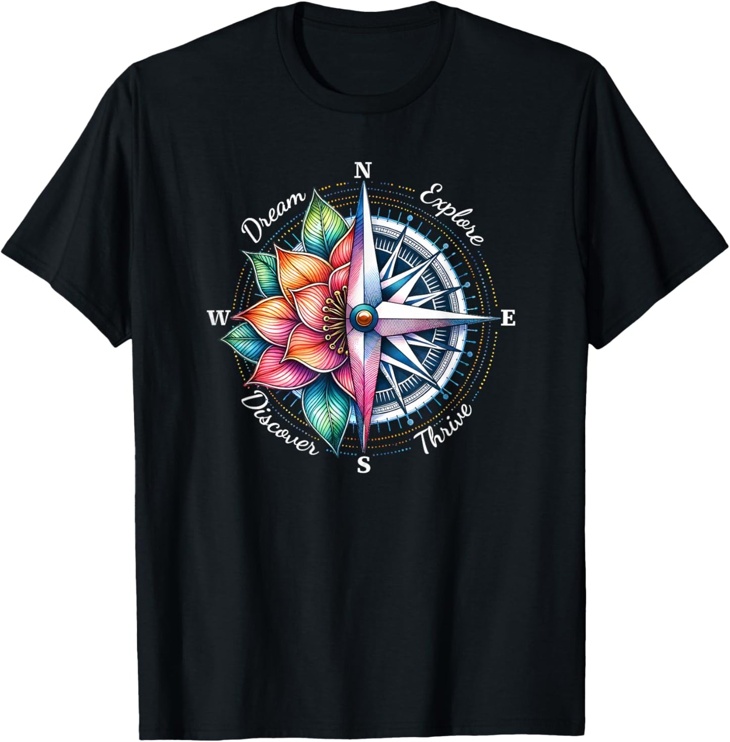 Traveler Compass Dream Explore Discover Thrive Adventure T-Shirt - T-Shirt | Black