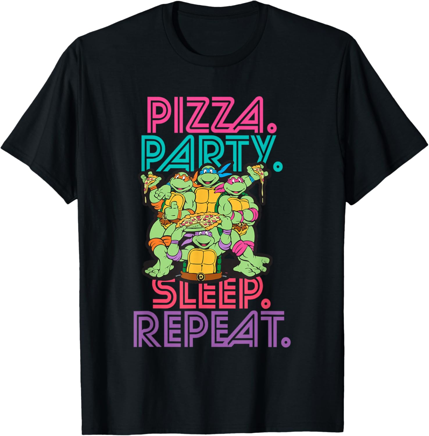 Teenage Mutant Ninja Turtles Pizza Party Sleep Repeat Neon T-Shirt - T-Shirt | Black