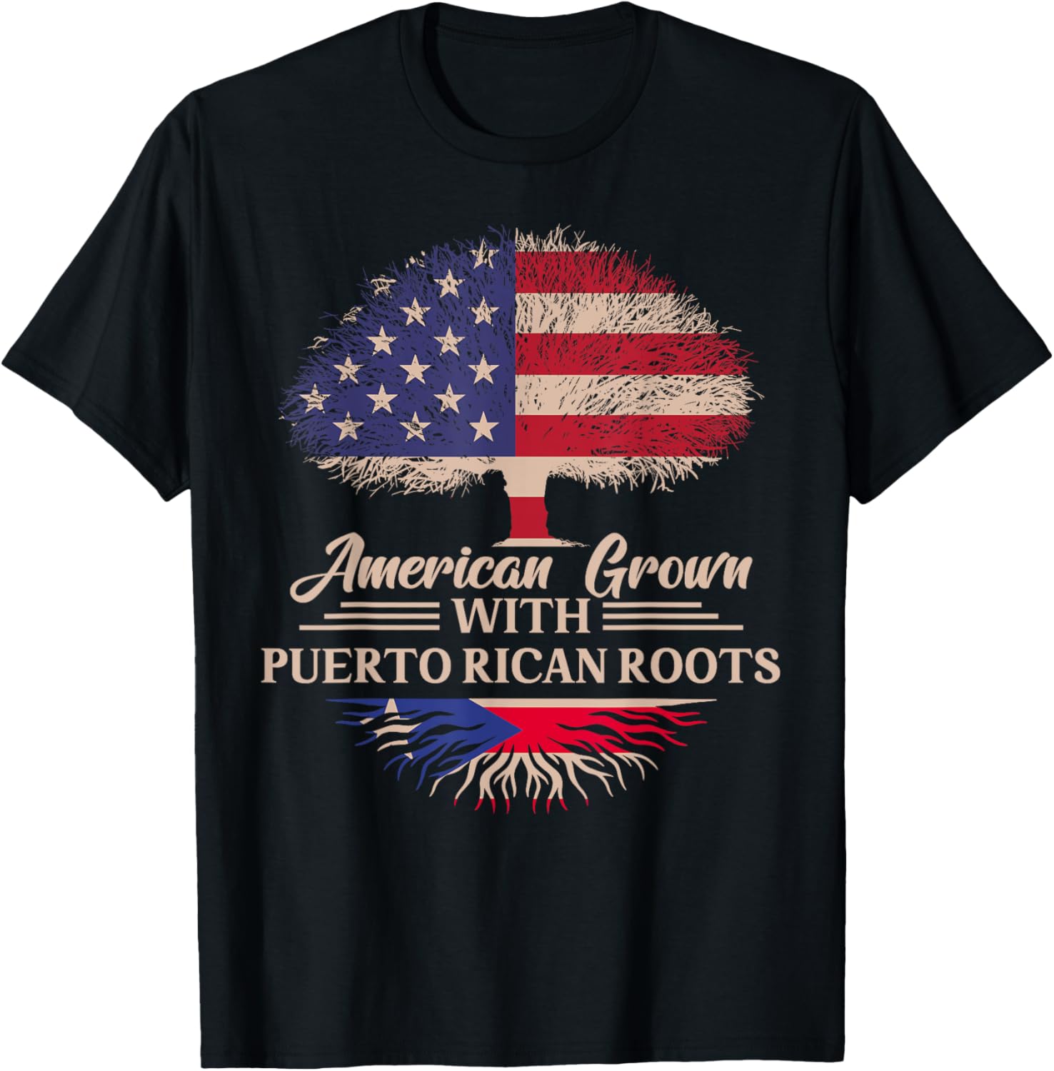 American Grown With Puerto Rican Roots Half American Flag T-Shirt - T-Shirt | Black