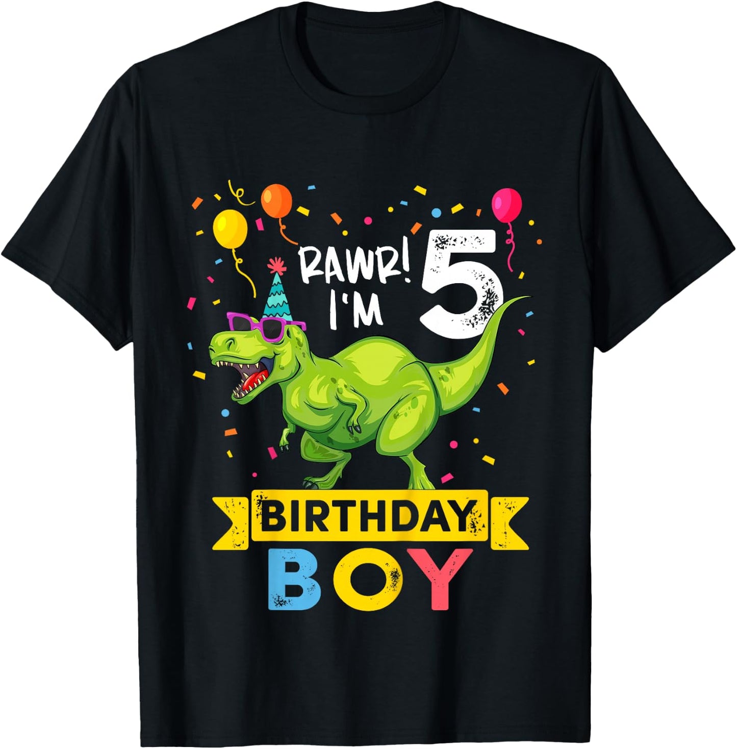 Kids 5 Year Old Boy T Rex Dinosaur 5th Birthday T-Shirt - T-Shirt | Black