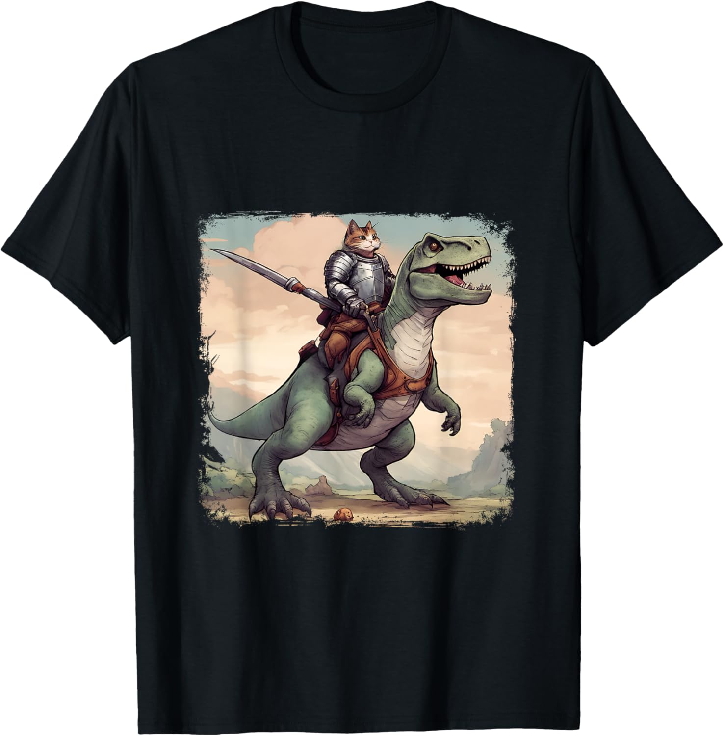 Cat Knight riding a T-Rex. Fun Men Women T-Shirt - T-Shirt | Black
