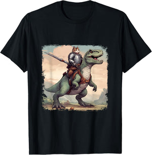 Cat Knight riding a T-Rex. Fun Men Women T-Shirt - T-Shirt | Black