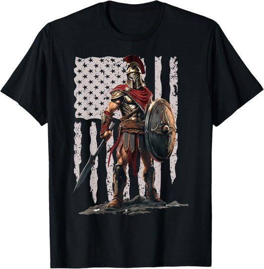 Spartan American Flag Patriotic USA Workout T-Shirt - T-Shirt | Black