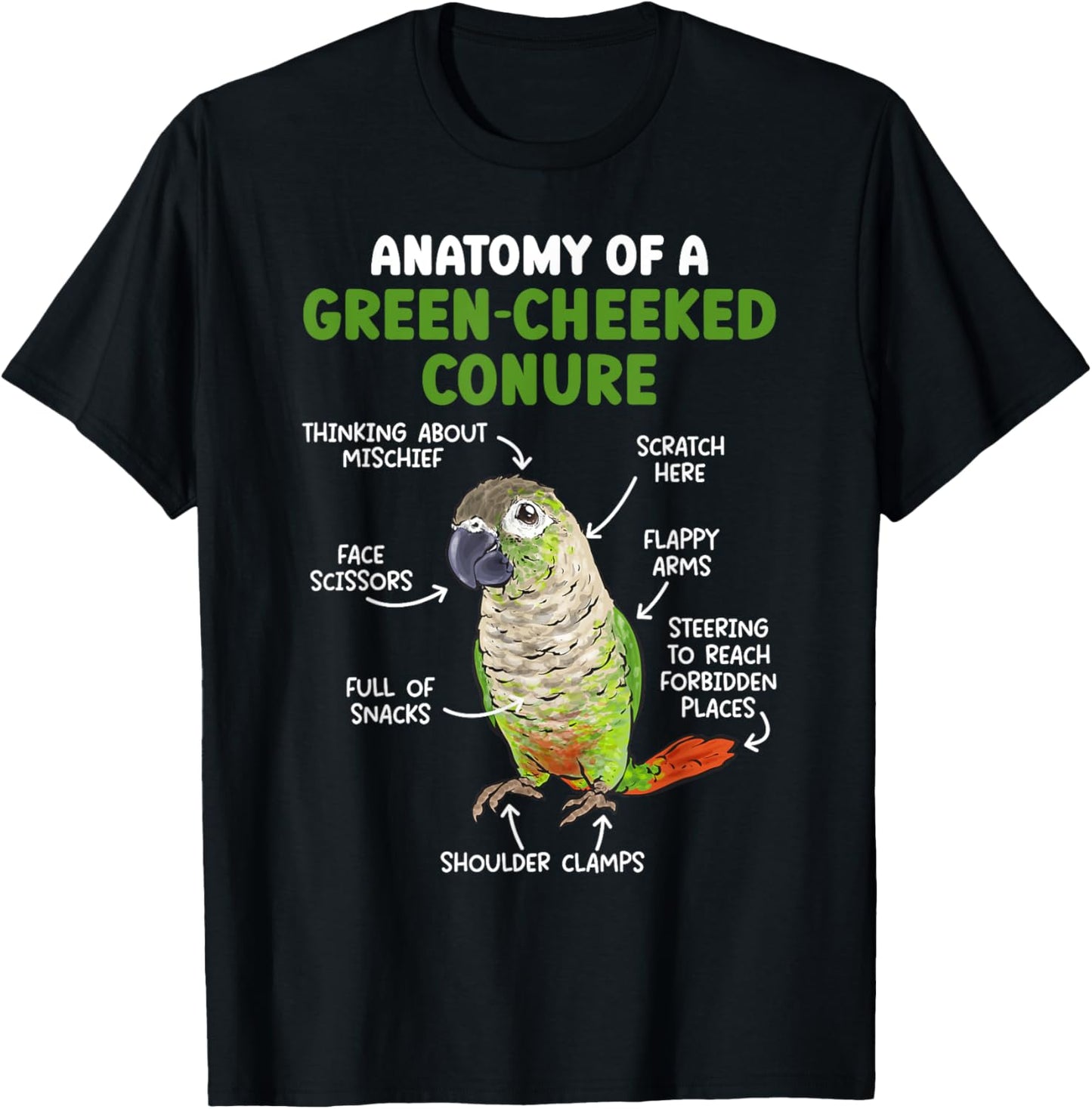 Anatomy Of A Green Cheeked Conure Parrot Bird Conure T-Shirt - T-Shirt | Black