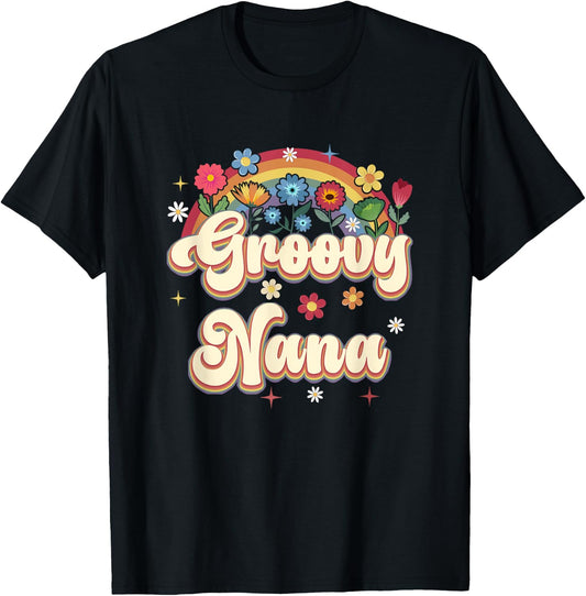 Groovy Nana Retro Hippie Peace Sign Floral Mothers Day T-Shirt - T-Shirt | Black