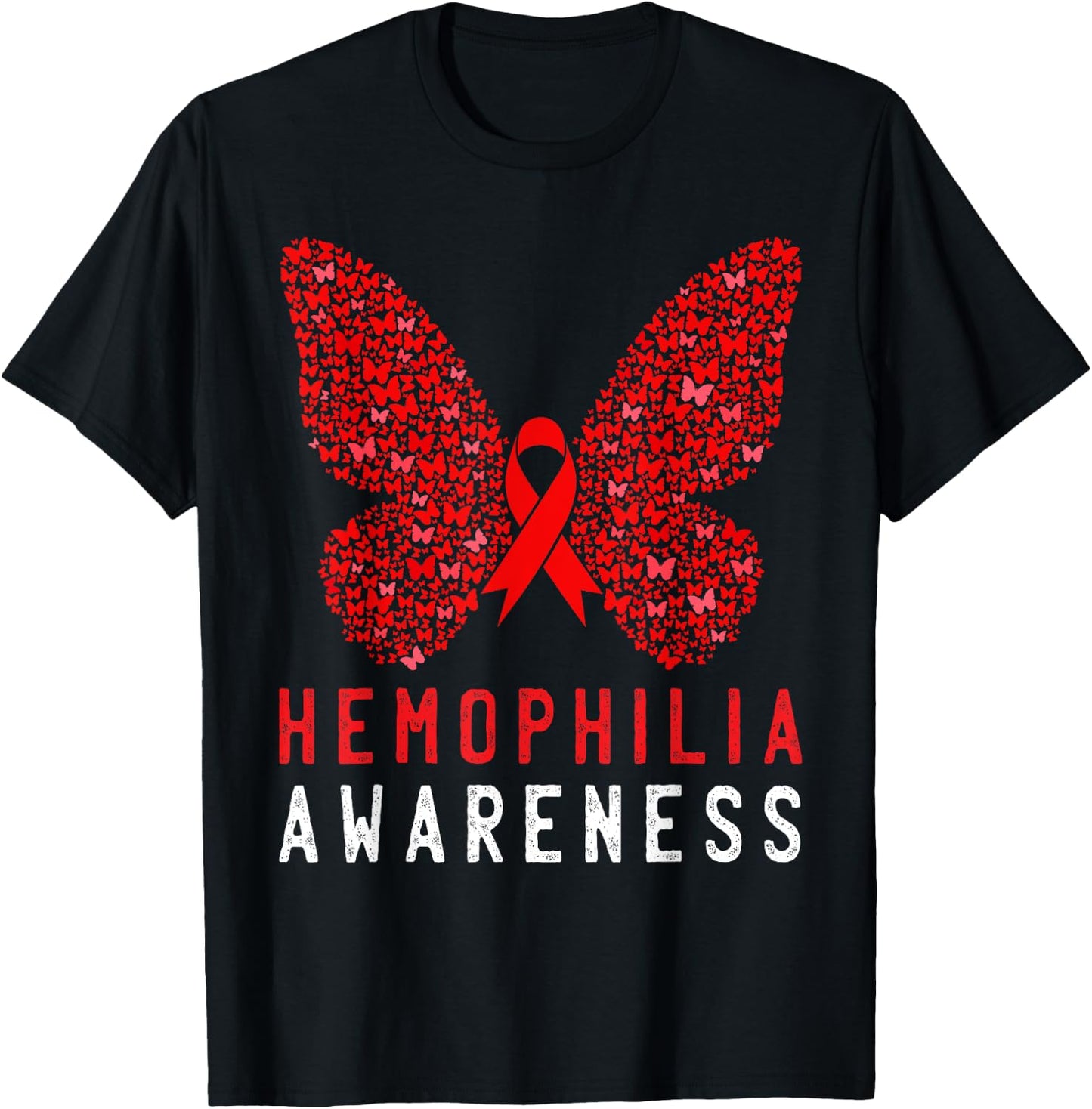 Butterfly Hemophilia Awareness Month Red Ribbon Support T-Shirt - T-Shirt | Black