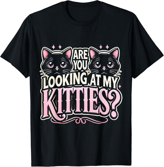 LT862-Looking At My Kitties Cute Cat Lover Funny Pet T-Shirt - T-Shirt | Black