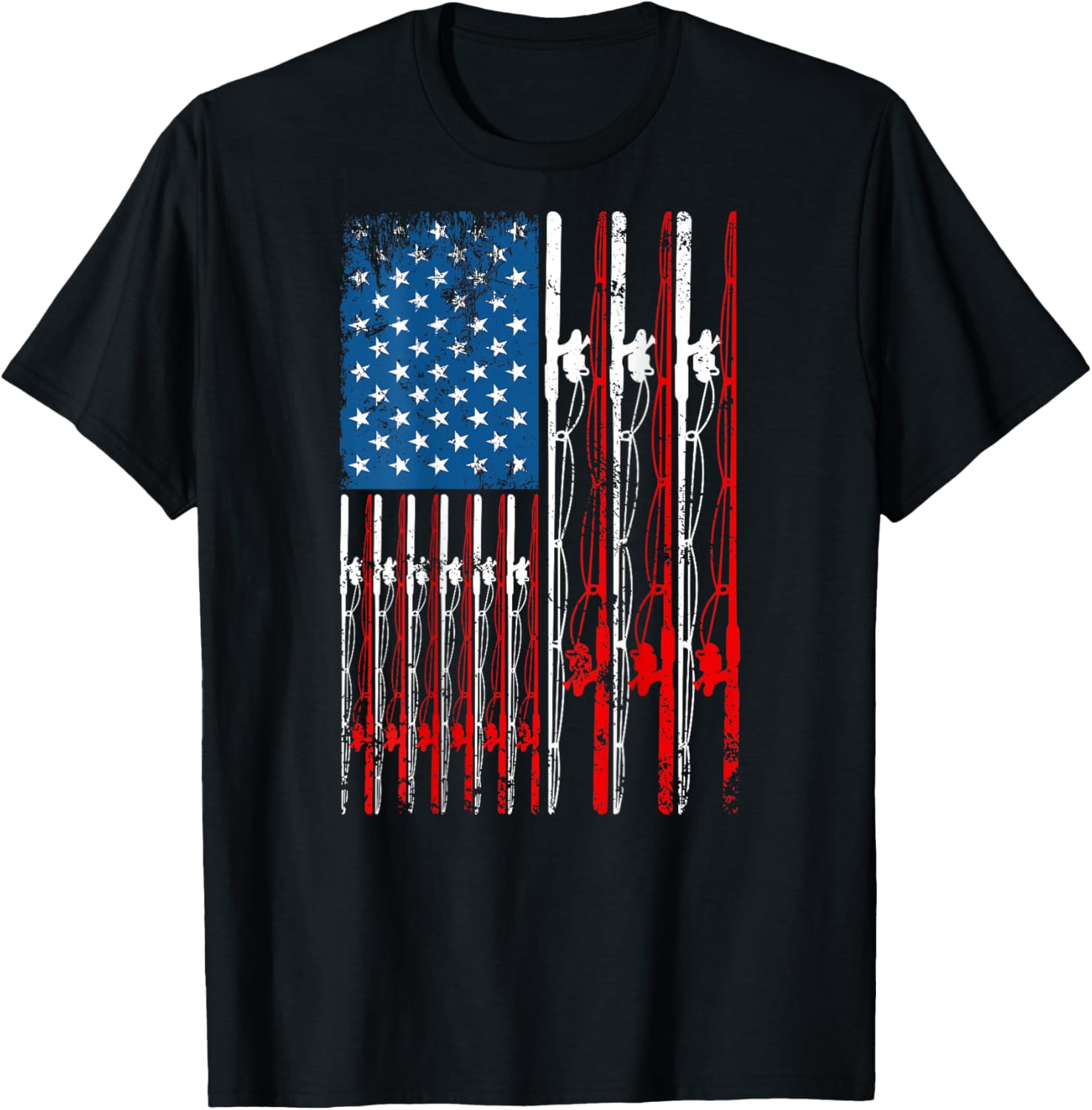 American Flag Fishing Rod Fishing Lover Vintage Fisherman T-Shirt - T-Shirt | Black