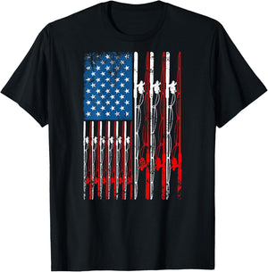 American Flag Fishing Rod Fishing Lover Vintage Fisherman T-Shirt - T-Shirt | Black