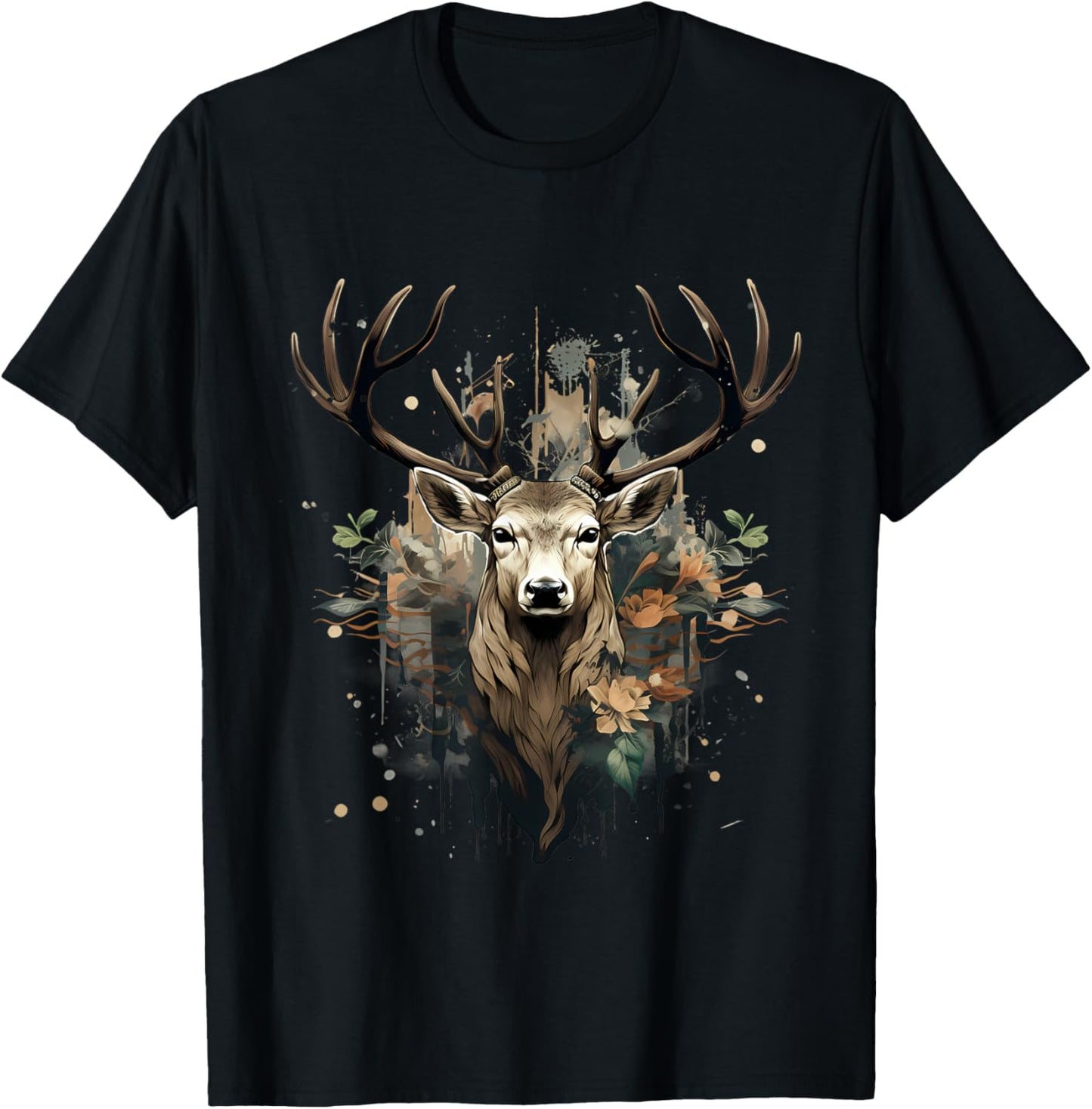 Deer Portrait Floral Artwork Wildlife Nature Animal Lovers T-Shirt - T-Shirt | Black