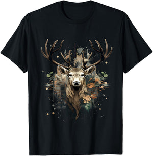 Deer Portrait Floral Artwork Wildlife Nature Animal Lovers T-Shirt - T-Shirt | Black