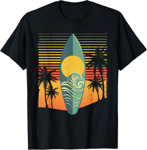 Cool Surfboard Women Surfer Retro Surf Sunset Beach T-Shirt - T-Shirt | Black