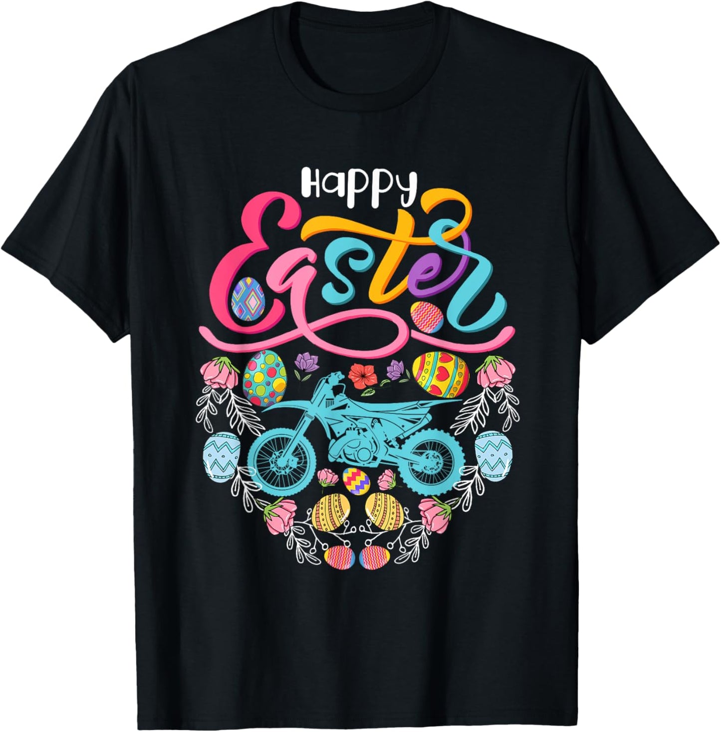 Happy Easter Dirt Bike In Easter Eggs Heart Shape Biker T-Shirt - T-Shirt | Black