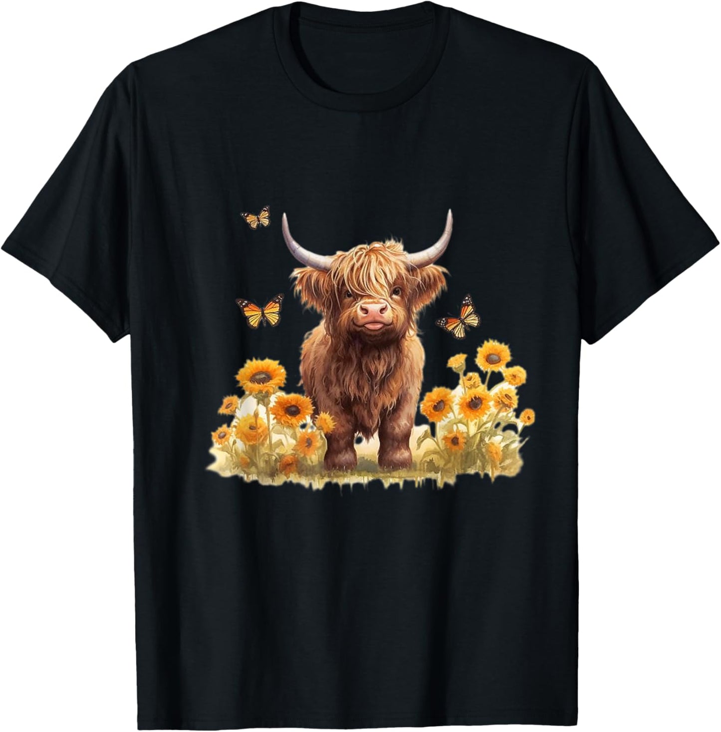 Cute Highland cow with sunflowers country Heifer Farm Farmer T-Shirt - T-Shirt | Black