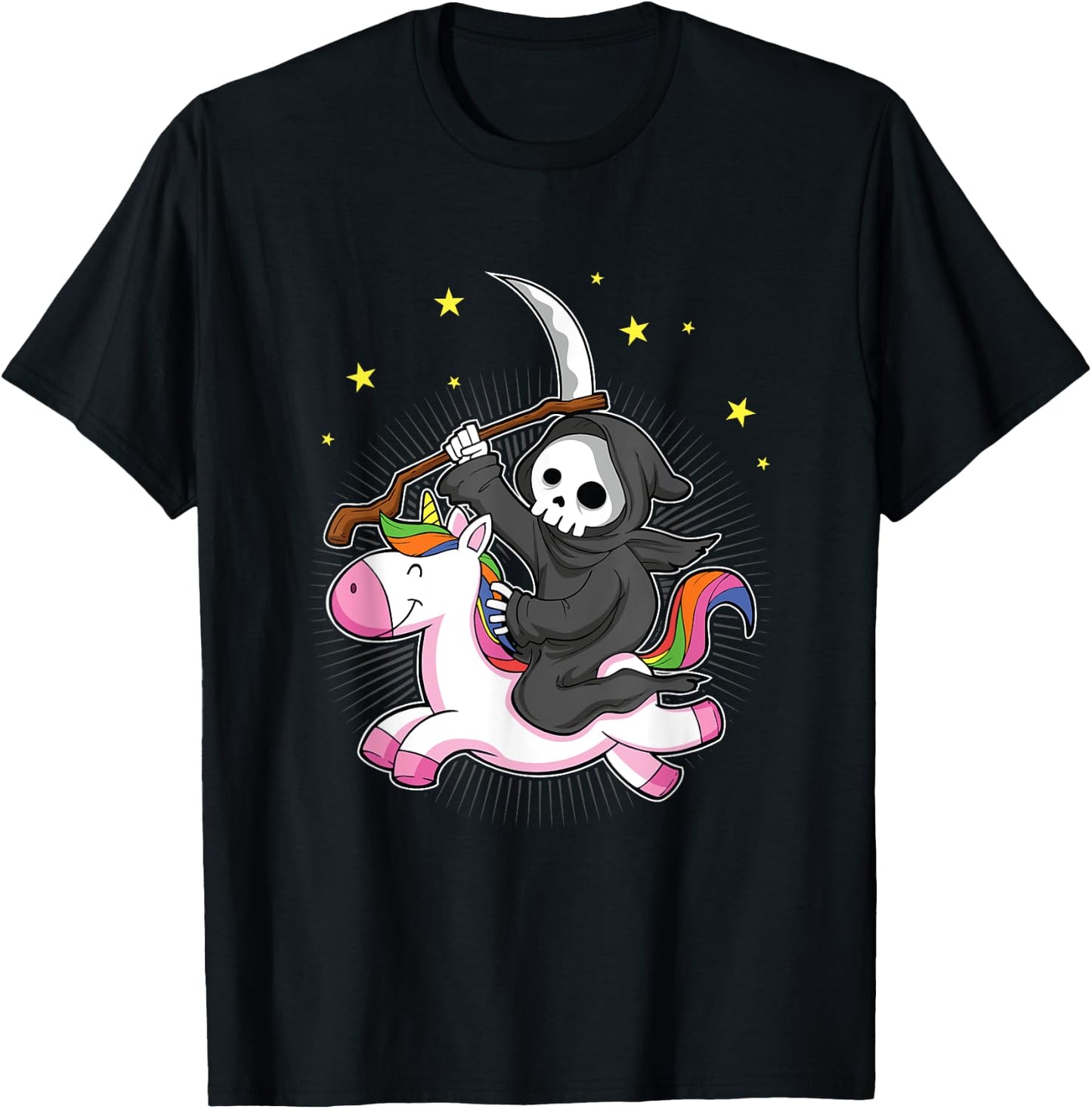 Death Metal Rock Music Halloween Grim Reaper Riding Unicorn T-Shirt - T-Shirt | Black