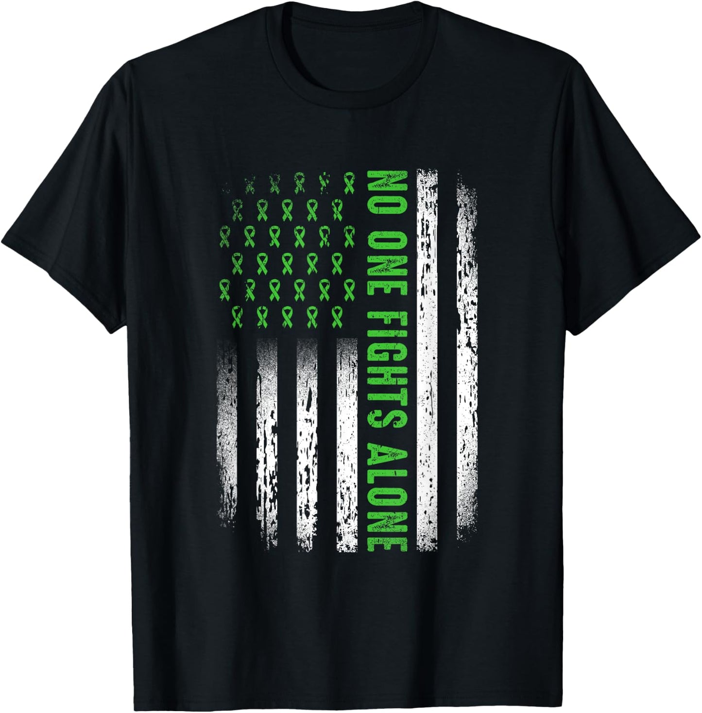 American Flag No One Fights Mental Health Alone Green Ribbon T-Shirt - T-Shirt | Black