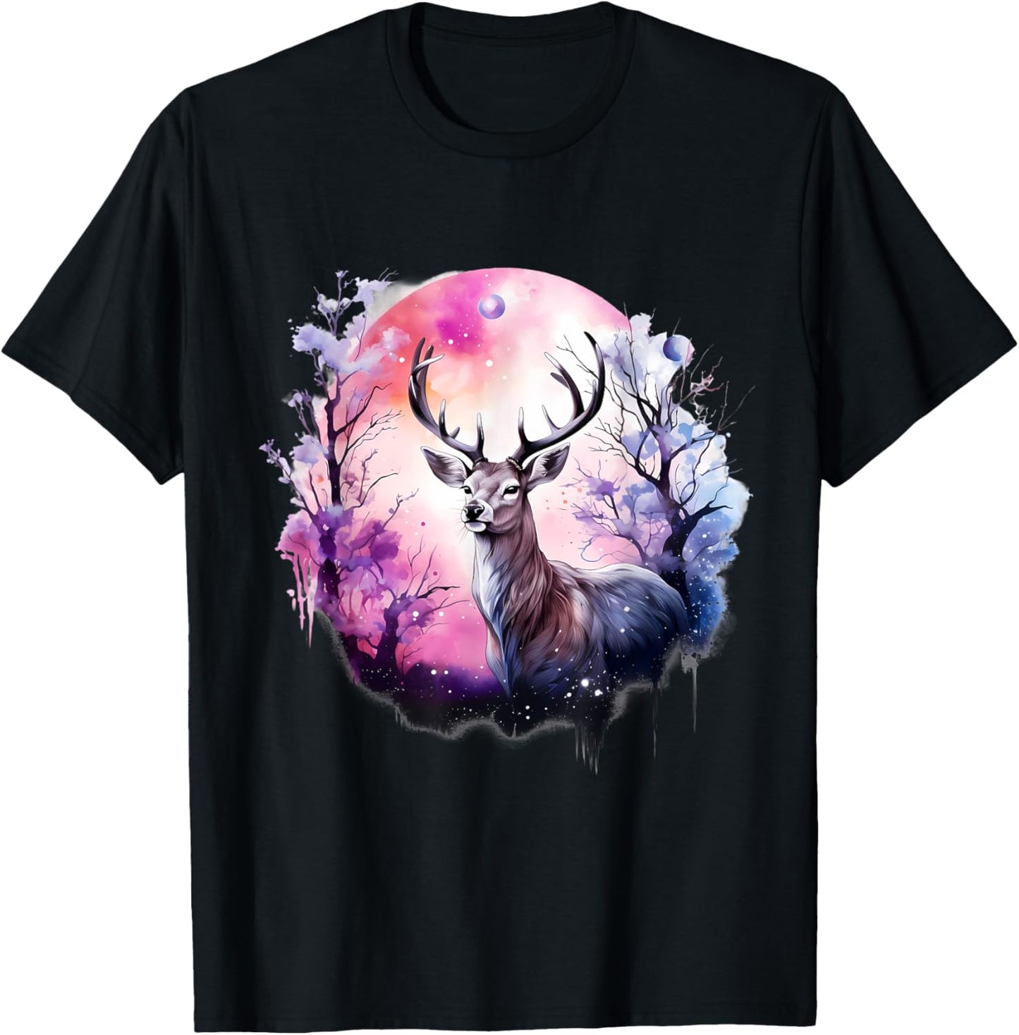Deer Nature Animal Print Forest Floral Artwork Wildlife T-Shirt - T-Shirt | Black