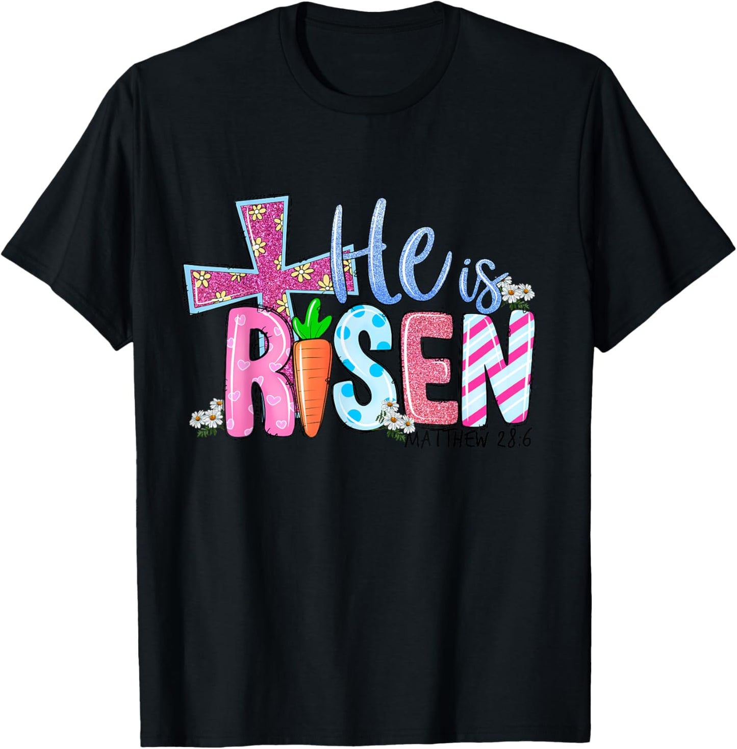 Happy Easter Bunny Shirt He Is Risen Jesus Cross Scripture T-Shirt - T-Shirt | Black