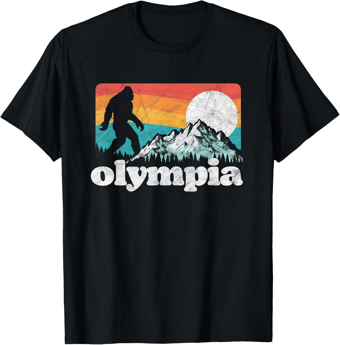 Olympia Washington Bigfoot Mountains Retro Distressed 80s T-Shirt - T-Shirt | Black