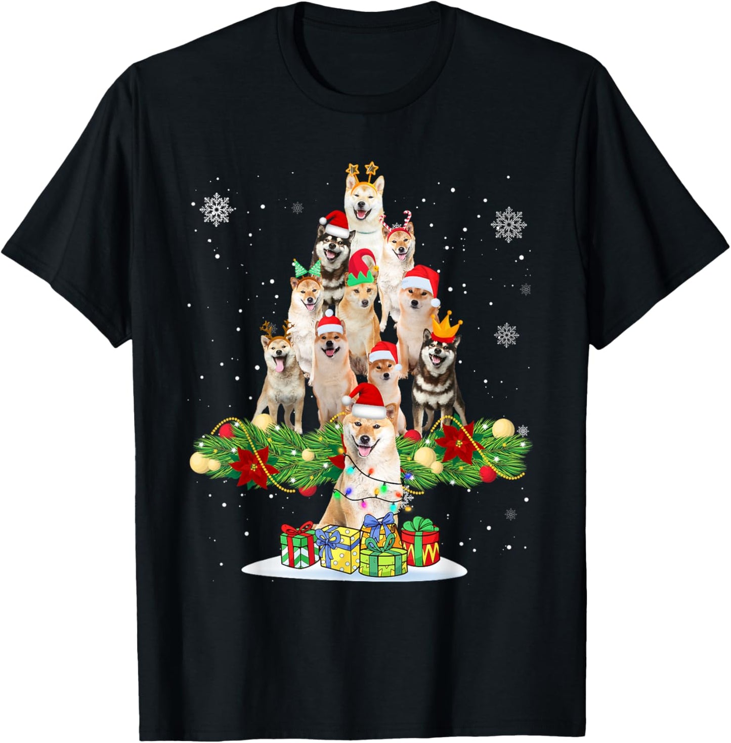 Ugly Sweater Christmas Tree Shiba Inu Dog Xmas Lights T-Shirt - T-Shirt | Black