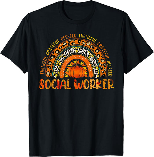 Leopard Rainbow Thankful Social Worker Pumpkin Thanksgiving T-Shirt - T-Shirt | Black