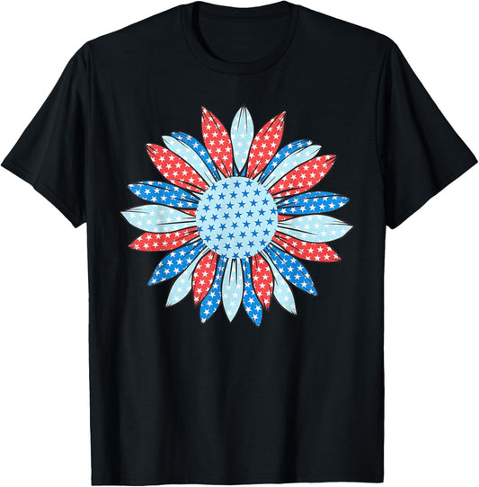 American Flag Sunflower 4th Of July Women Patriotic T-Shirt - T-Shirt | Black