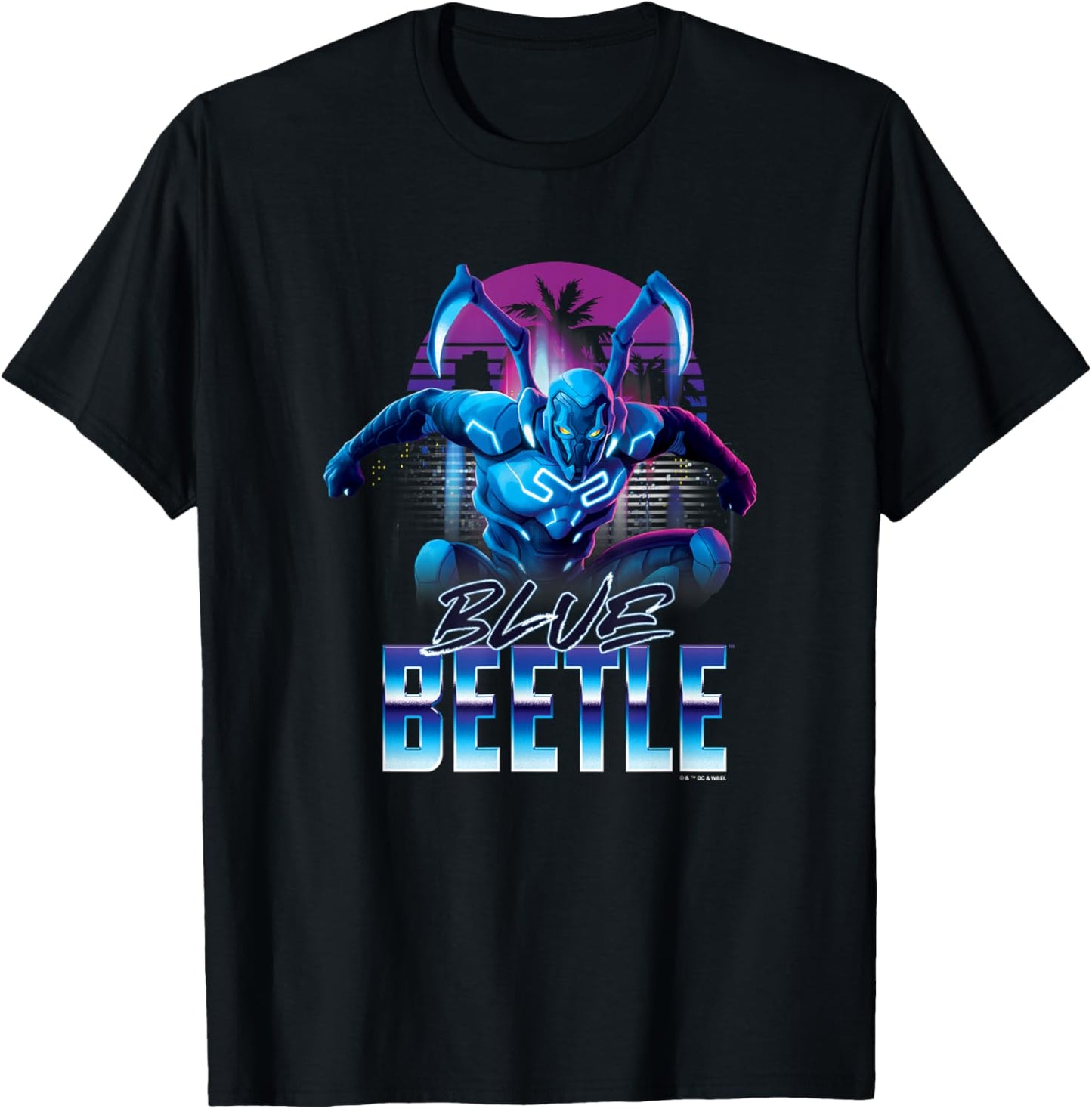Blue Beetle Neon City Lights Super Hero Action Portrait T-Shirt - T-Shirt | Black
