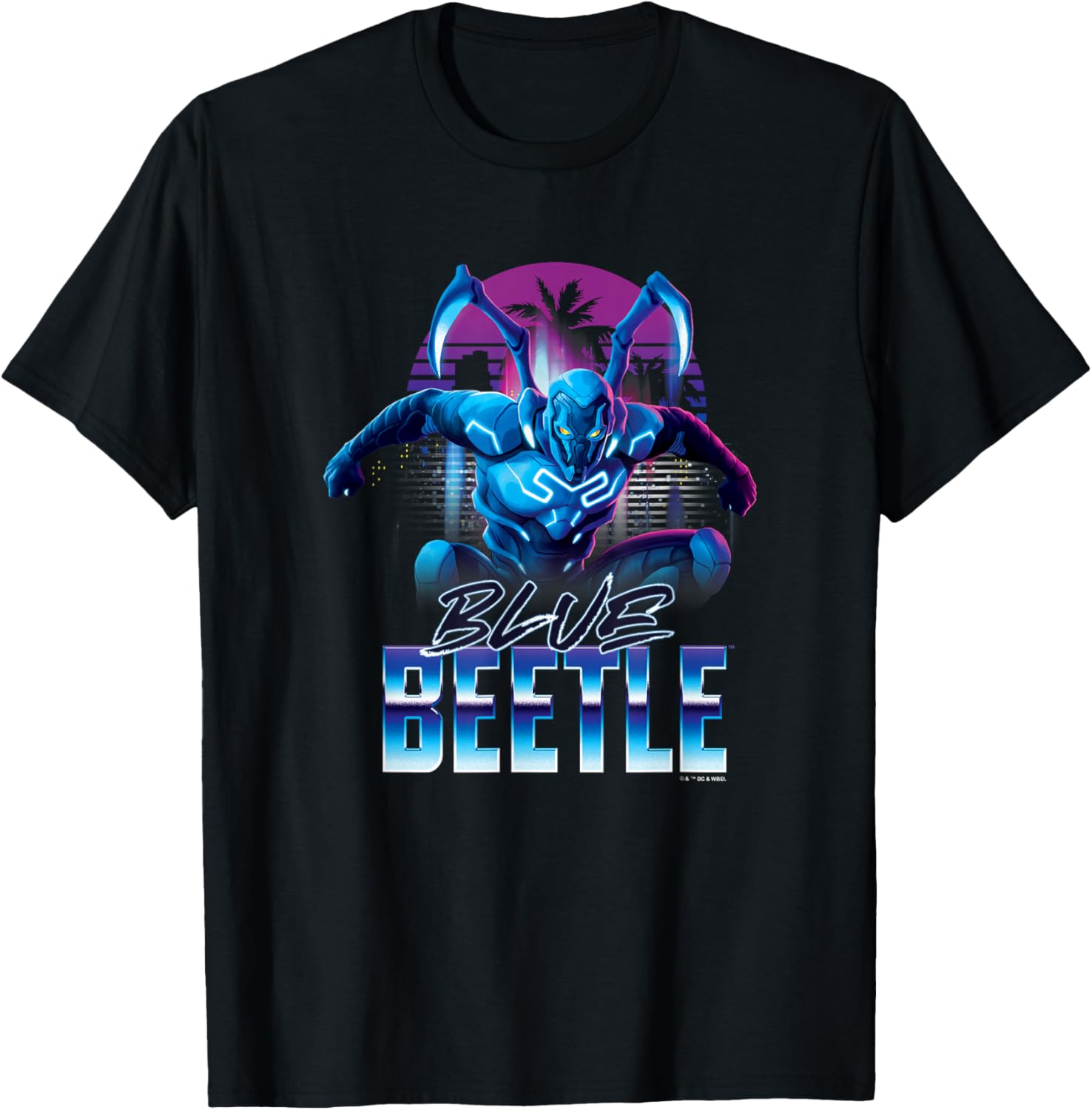 Blue Beetle Neon City Lights Super Hero Action Portrait T-Shirt - T-Shirt | Black