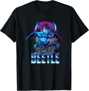 Blue Beetle Neon City Lights Super Hero Action Portrait T-Shirt - T-Shirt | Black