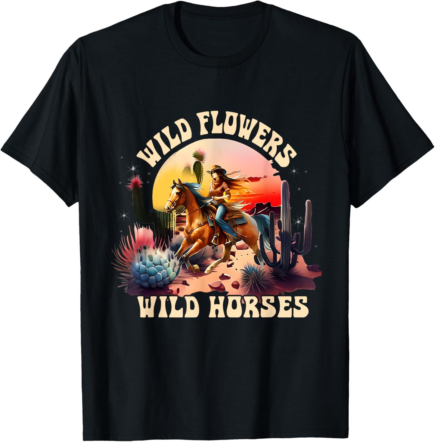 Sunset Cowgirl Riding Horse Wild Flowers - Wild Horses T-Shirt - T-Shirt | Black