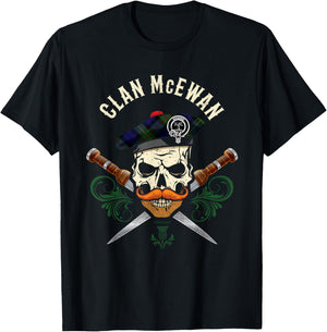 Scottish Clan McEwan Surname Skull Dirks Tartan Badge T-Shirt - T-Shirt | Black