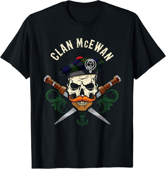 Scottish Clan McEwan Surname Skull Dirks Tartan Badge T-Shirt - T-Shirt | Black