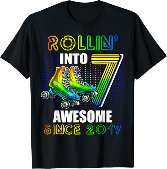 Roller Skating 7th Birthday Boys Rollin into 7 Awesome 2017 T-Shirt - T-Shirt | Black