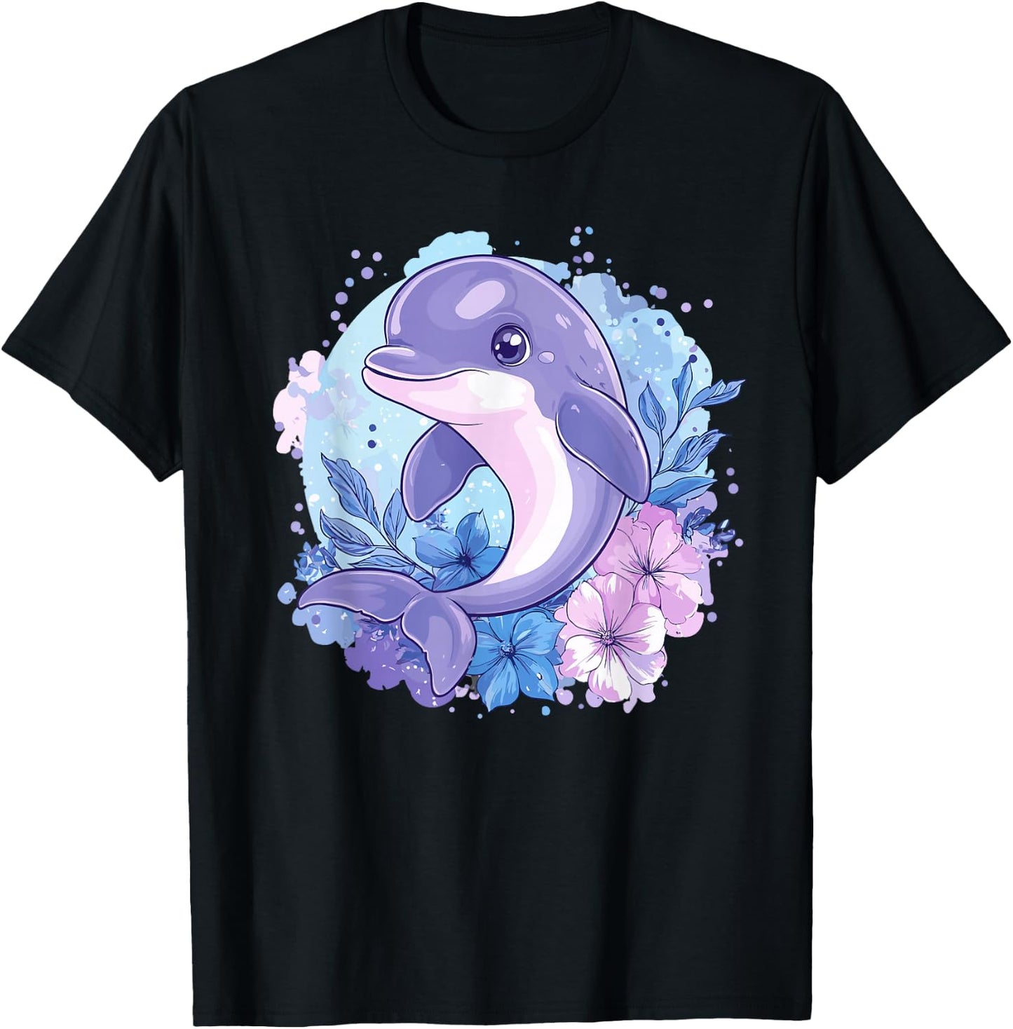 Adorable Dolphin Surrounded By Flowers T-Shirt - T-Shirt | Black