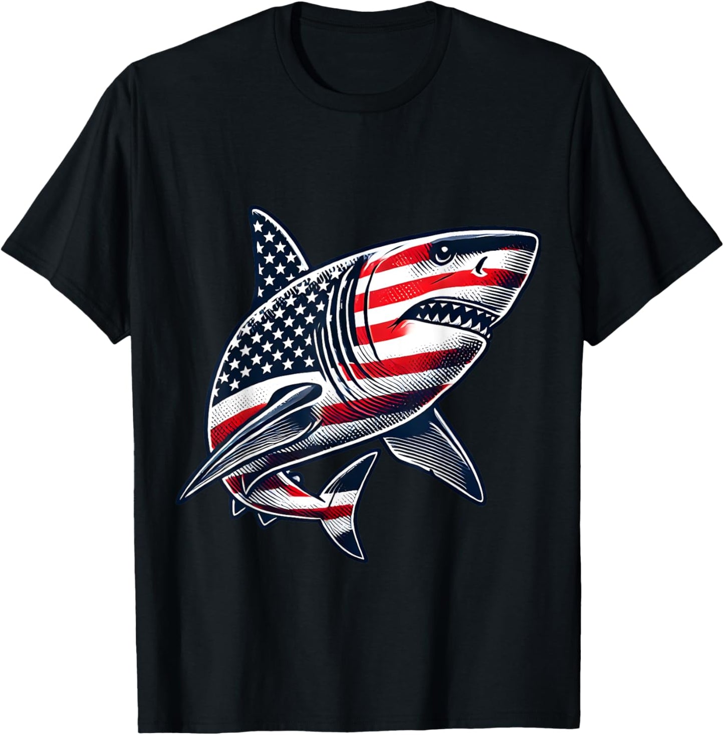 Shark American Flag USA 4th of July T-Shirt - T-Shirt | Black