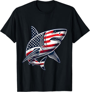 Shark American Flag USA 4th of July T-Shirt - T-Shirt | Black