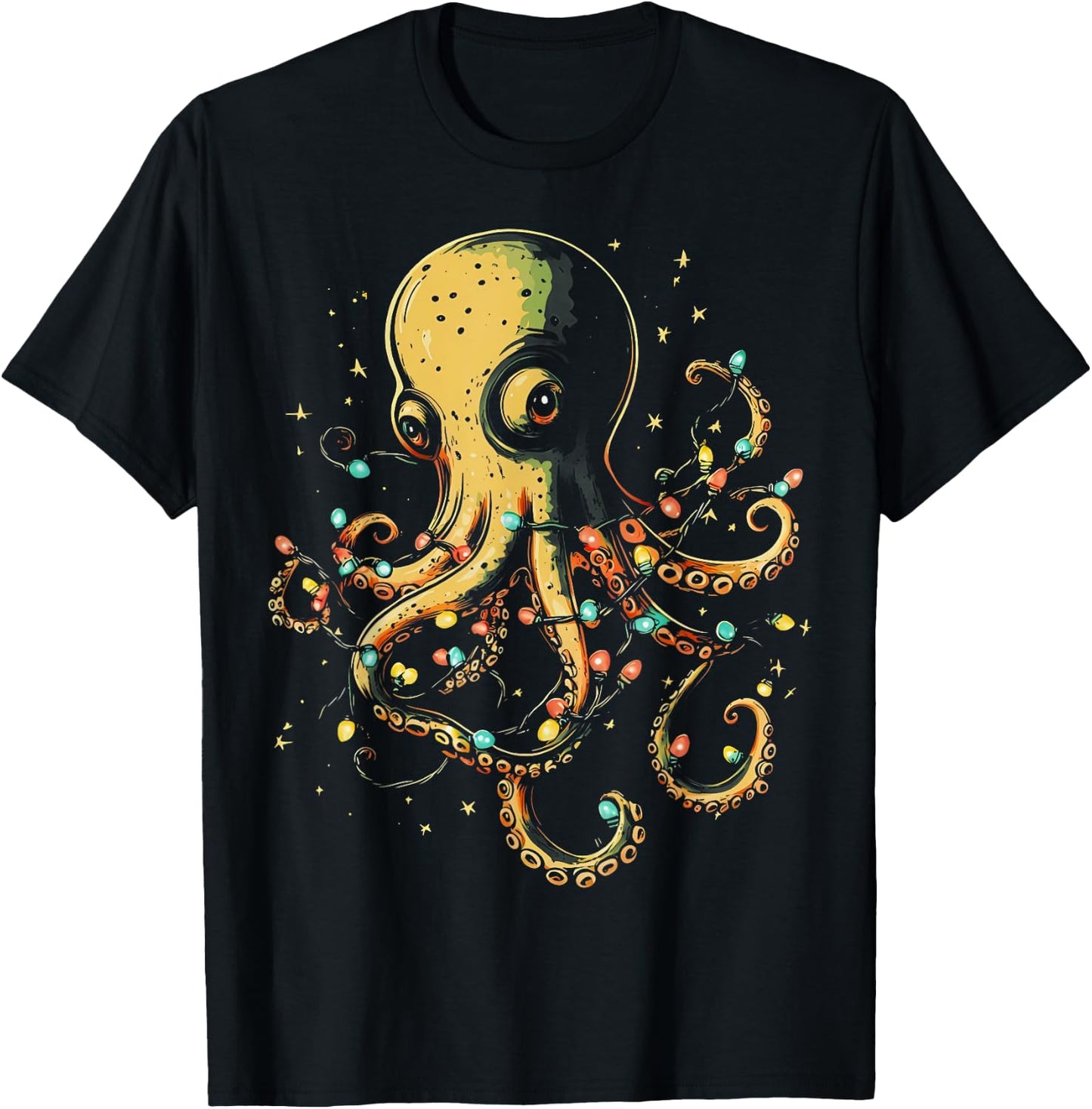 Christmas Lights Sea Octopus Marine Biology Ocean Animal T-Shirt - T-Shirt | Black