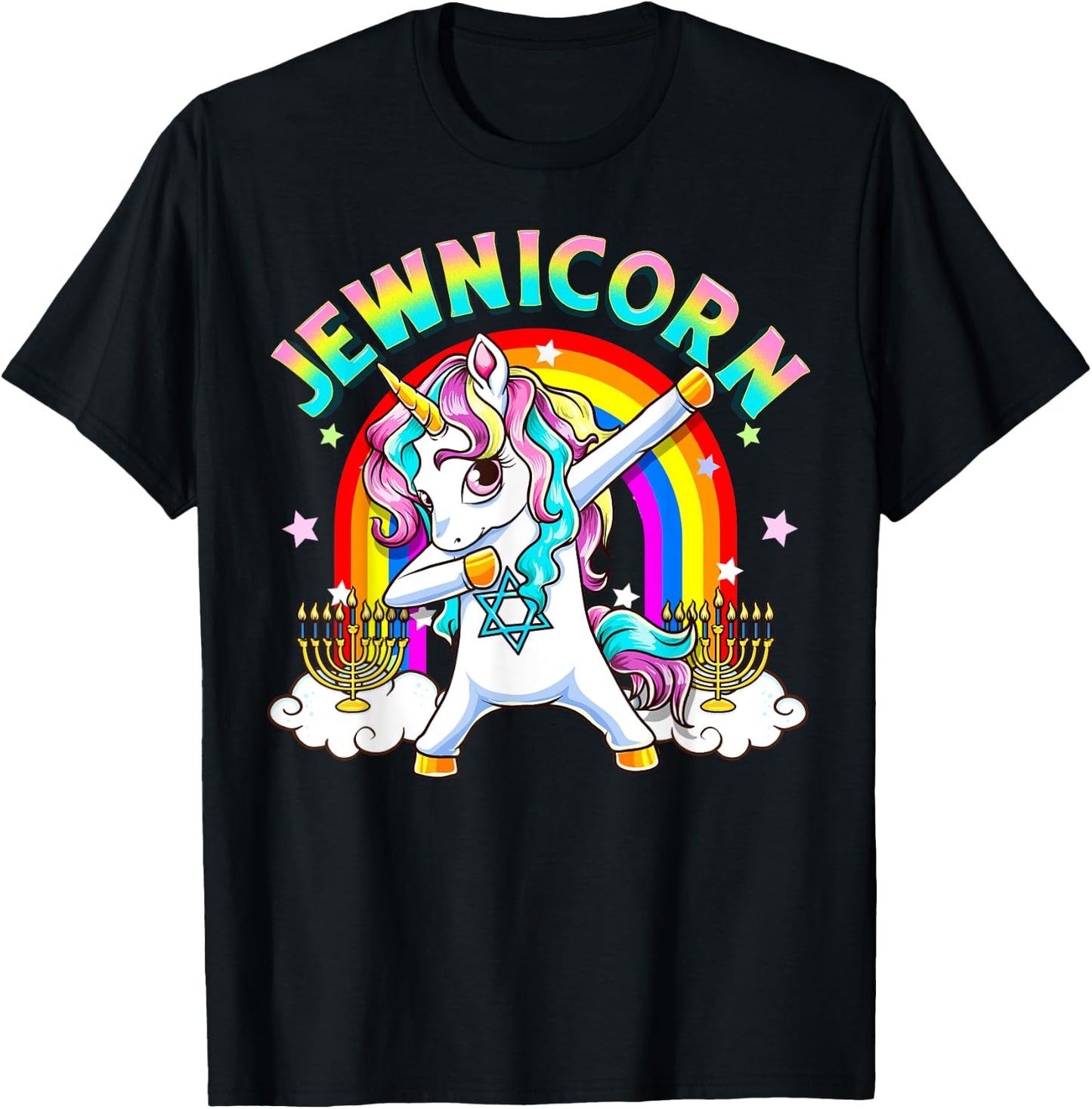 Jewnicorn Funny Cute Hanukkah Jewish Rainbow Unicorn Menorah T-Shirt - T-Shirt | Black