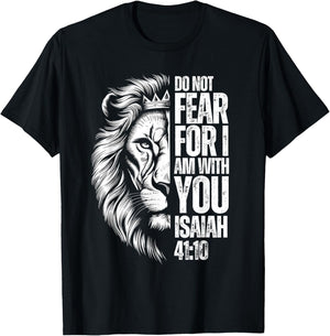 Christian Bible Verse Lion Fear Isaiah 41:10 Religious T-Shirt - T-Shirt | Black