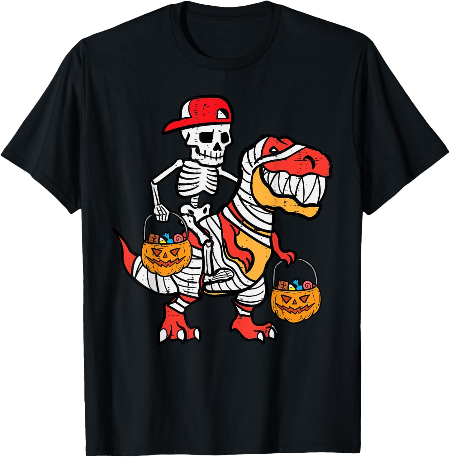 Cool Skeleton Cap Dino Mummy Toddler Boy Halloween Boys Kids T-Shirt - T-Shirt | Black