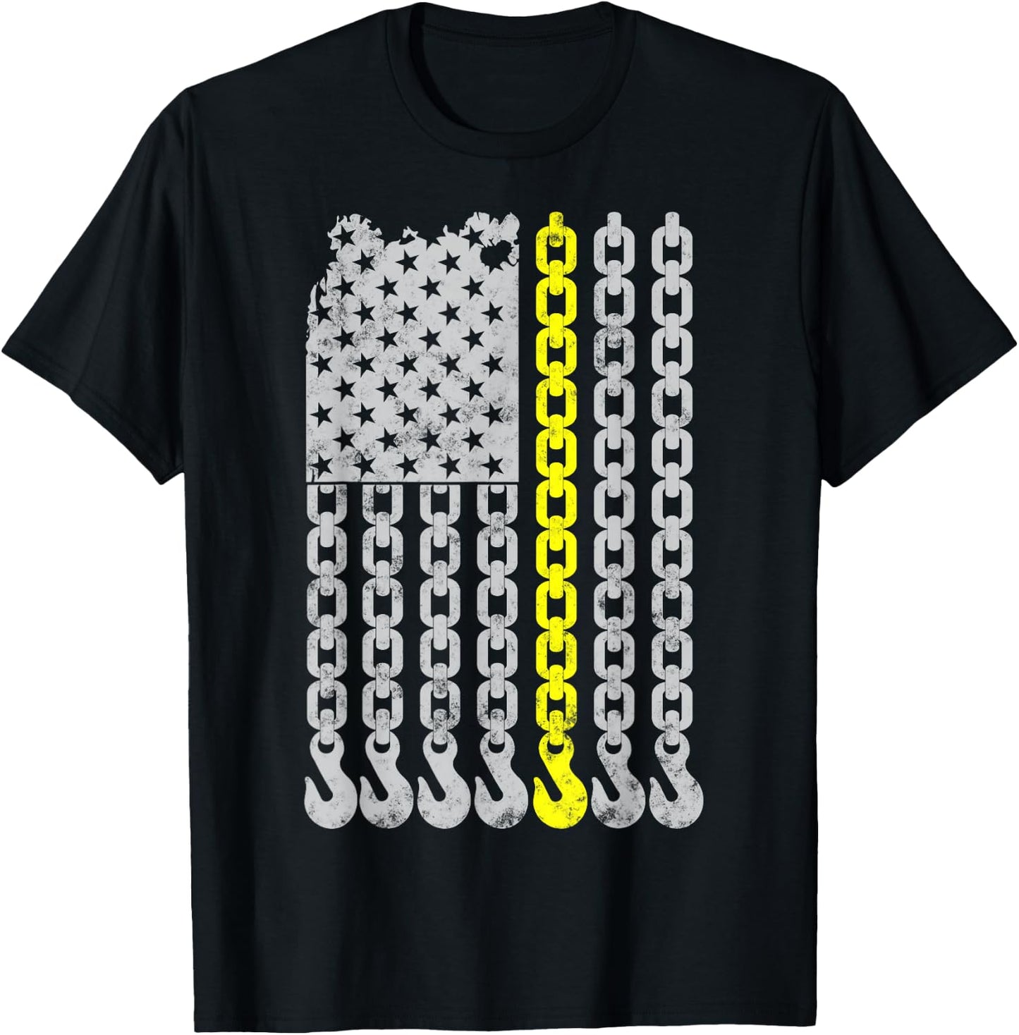 Thin yellow line Chain Hook American flag Tow Truck Driver T-Shirt - T-Shirt | Black