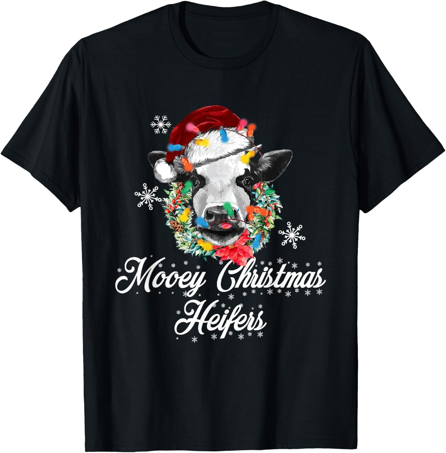 Mooey Christmas Heifers Santa Cow Christmas Lights Funny T-Shirt - T-Shirt | Black