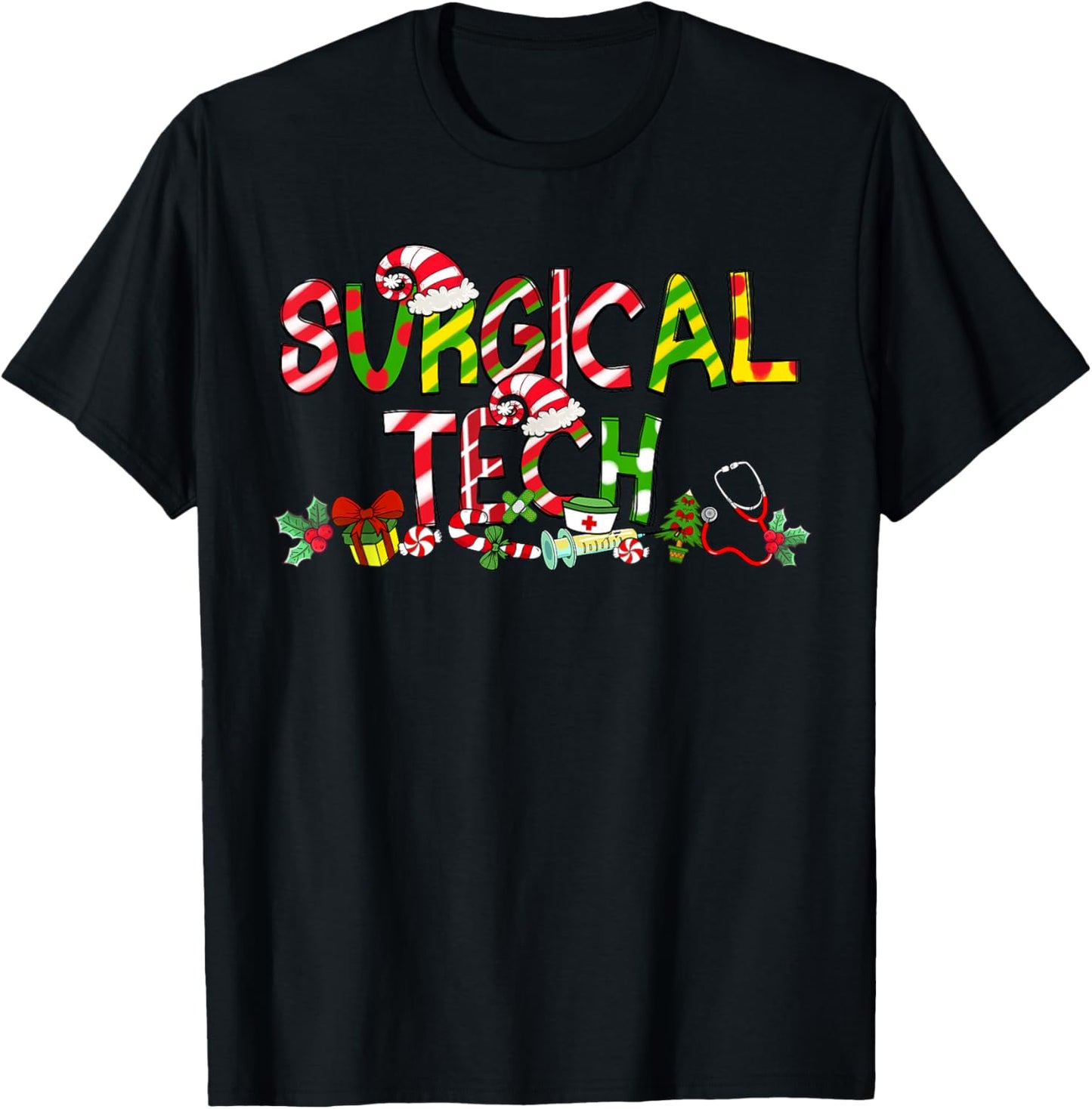 Surgical Tech Santa Hat Candy Cane Christmas Funny Xmas T-Shirt - T-Shirt | Black