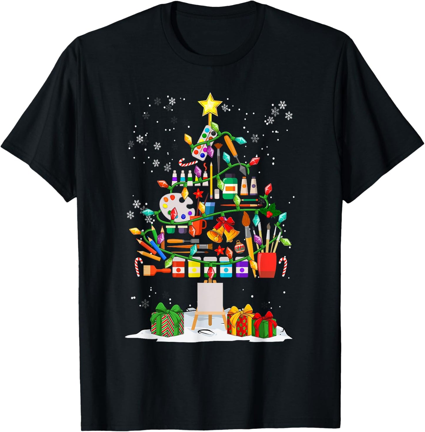 Funny Art Christmas Tree Decorations Art Teacher Xmas Pajama T-Shirt - T-Shirt | Black