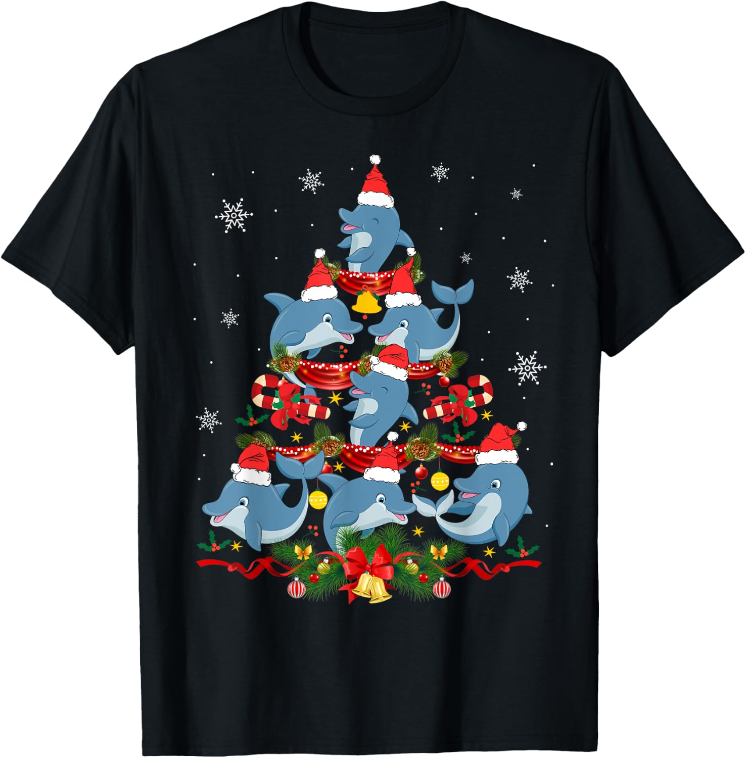 Santa Dolphin Christmas Tree Light Animal Lover Ornament T-Shirt - T-Shirt | Black