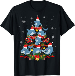 Santa Dolphin Christmas Tree Light Animal Lover Ornament T-Shirt - T-Shirt | Black