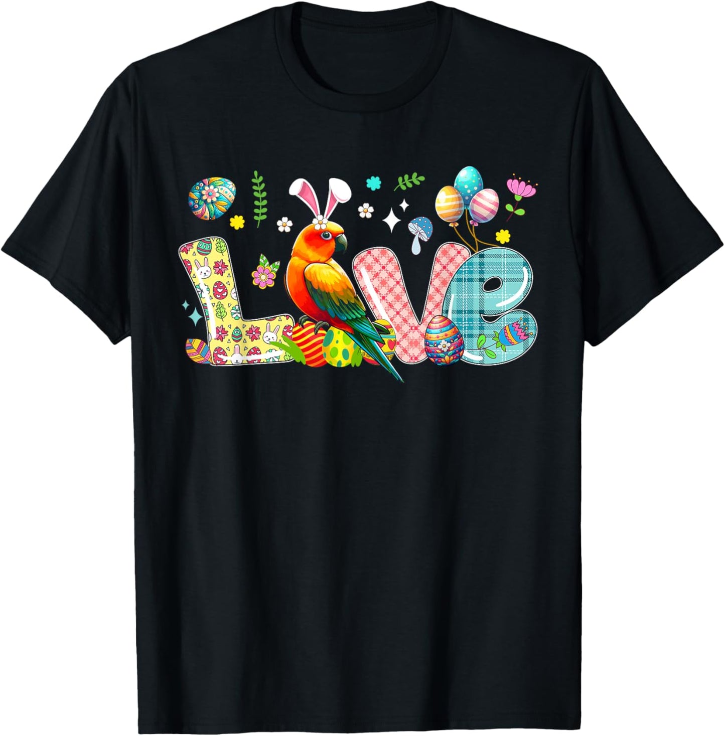 Love Easter Bunny Sun Conure Hunting Eggs Flowers Colourful T-Shirt - T-Shirt | Black