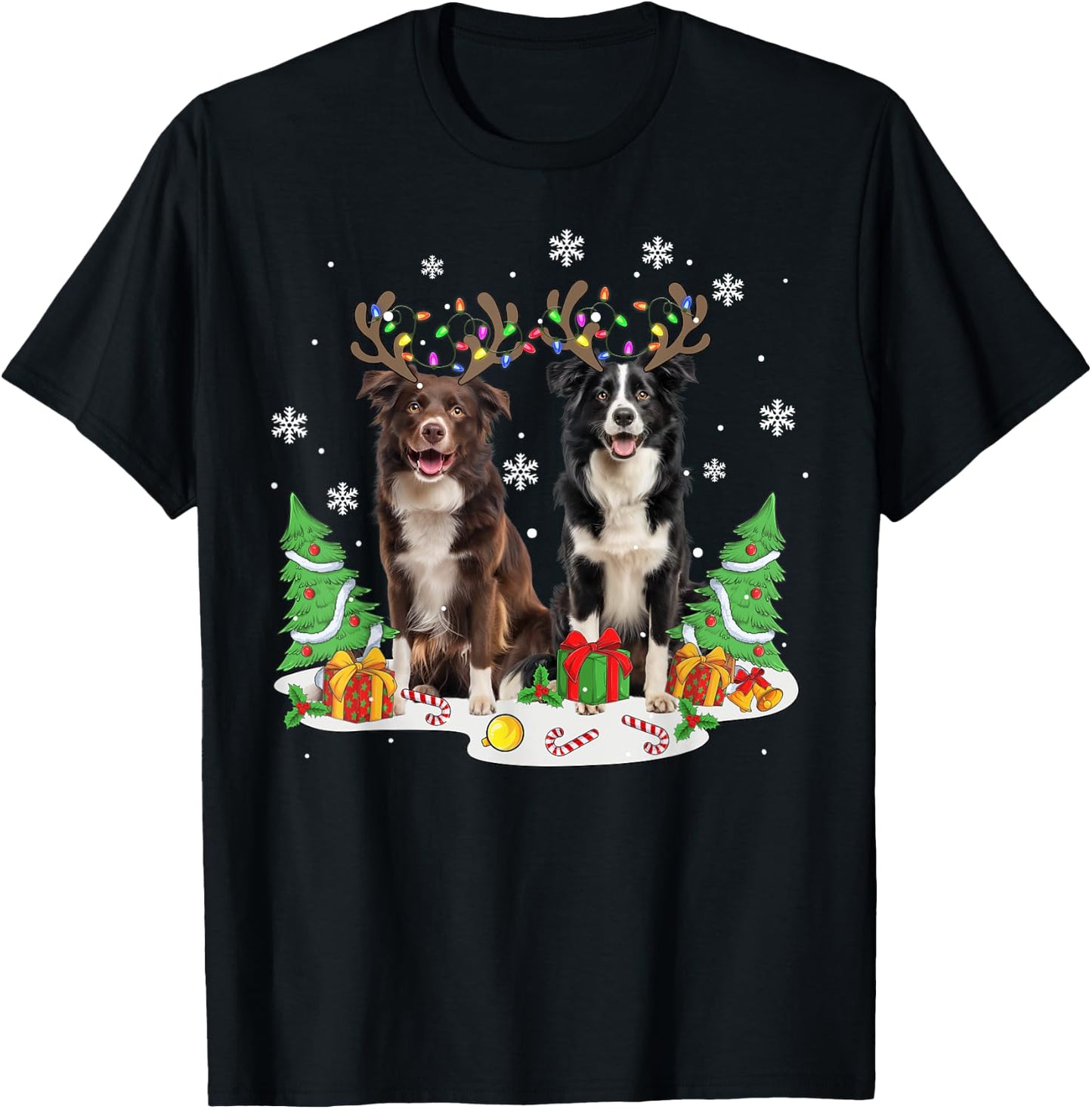 Border collie Dog Christmas lights Xmas Border collie dog Women Kids T-Shirt - T-Shirt | Black