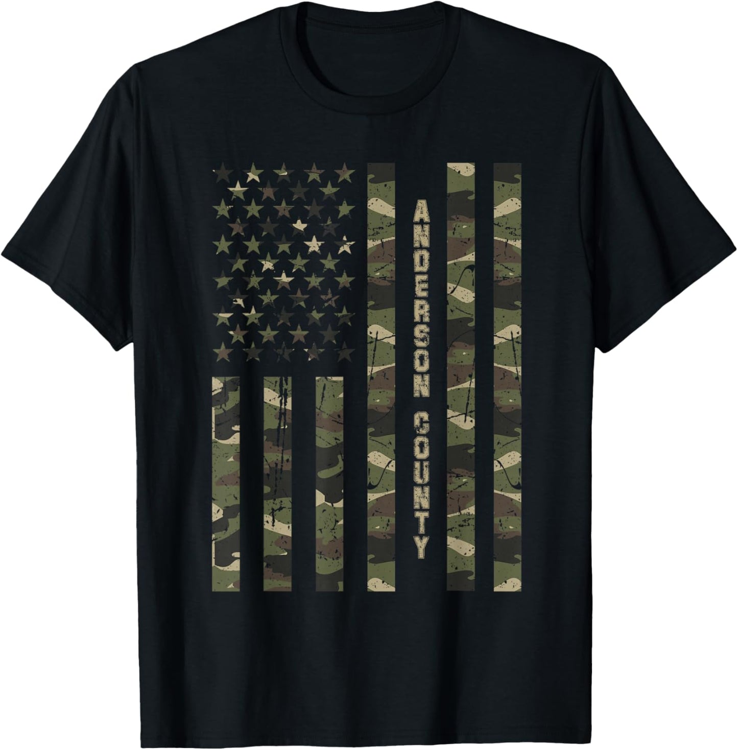 Anderson County United States Distressed Camo w US Flag T-Shirt - T-Shirt | Black