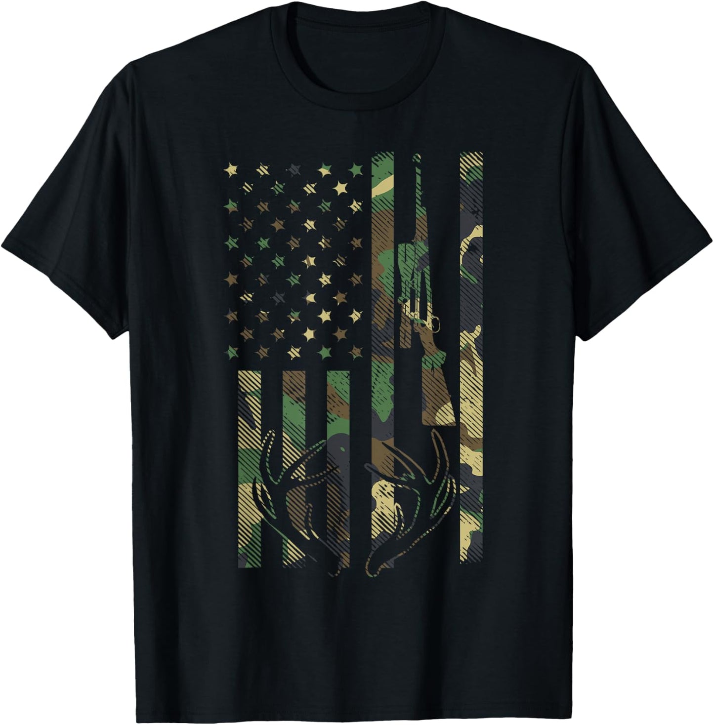 Camo American Flag Rifle Antler Deer Hunting Gun Hunter Gift T-Shirt - T-Shirt | Black